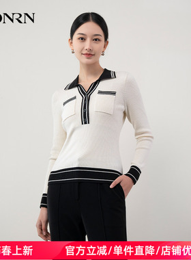 HONRN/红人黑白色条纹长袖修身polo领针织衫上衣女春秋HH11OM628