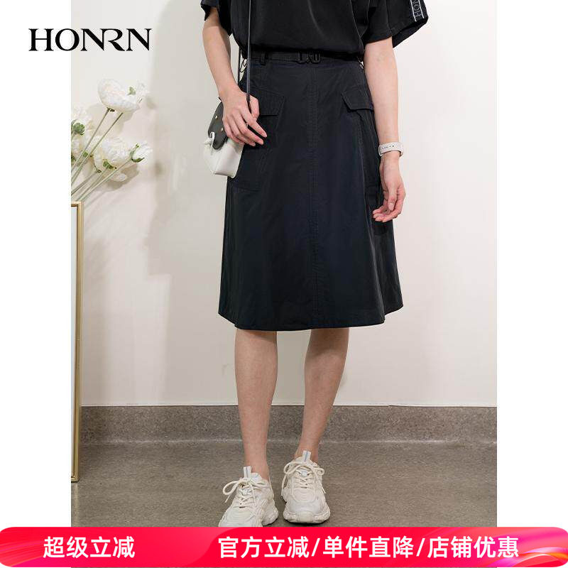 HONRN/红人休闲黑色双口袋腰带a字裙半身裙女春秋中长款HI11OQ252