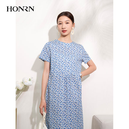 HONRN/红人优雅气质印花纯棉圆领短袖显瘦a字连衣裙女夏HI22OL650