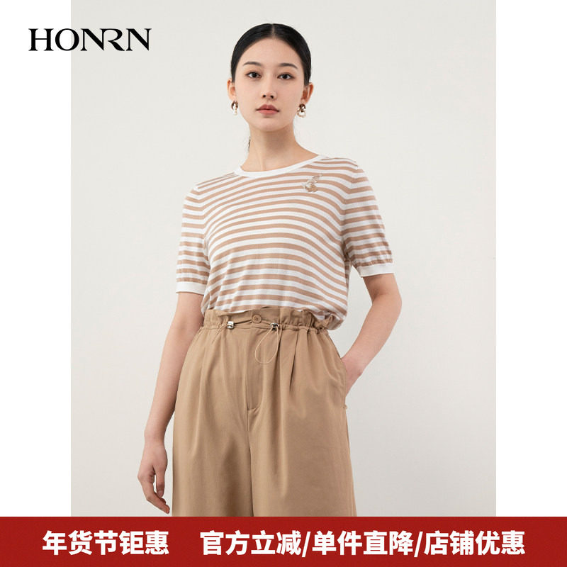 HONRN/红人宽松薄款圆领条纹短袖套头针织衫t恤上衣女夏HH22OM672