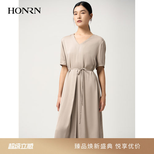 红人优雅桑蚕丝V领收腰连衣裙