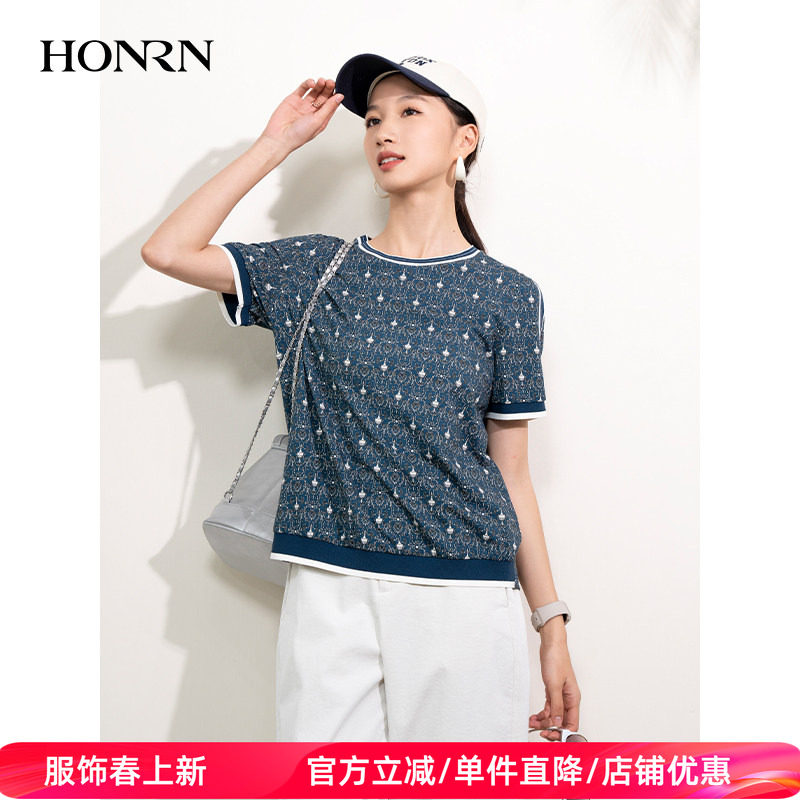 HONRN/红人休闲宽松薄款印花圆领短袖正肩女t恤上衣夏HI22SY337