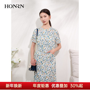 HONRN 连衣裙女夏HI22OL553 红人气质圆领印花收腰显瘦裙子a字短袖