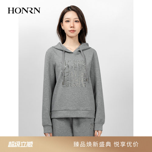 HONRN/红人灰色烫钻连帽卫衣上衣