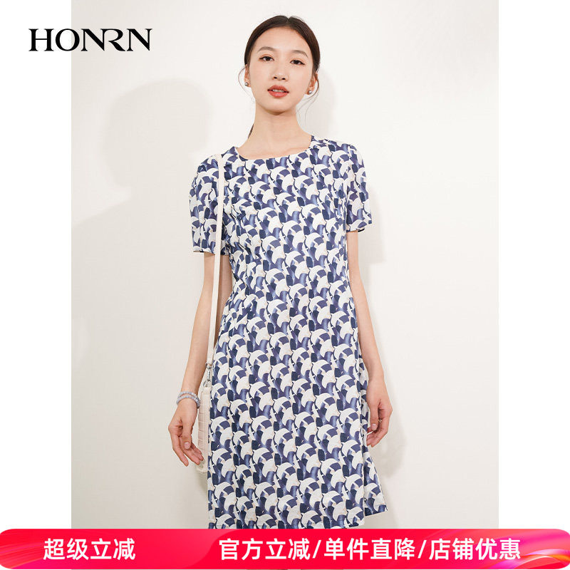 HONRN/红人优雅气质遮肉显瘦短袖纯棉裙子连衣裙女夏HI22OL618