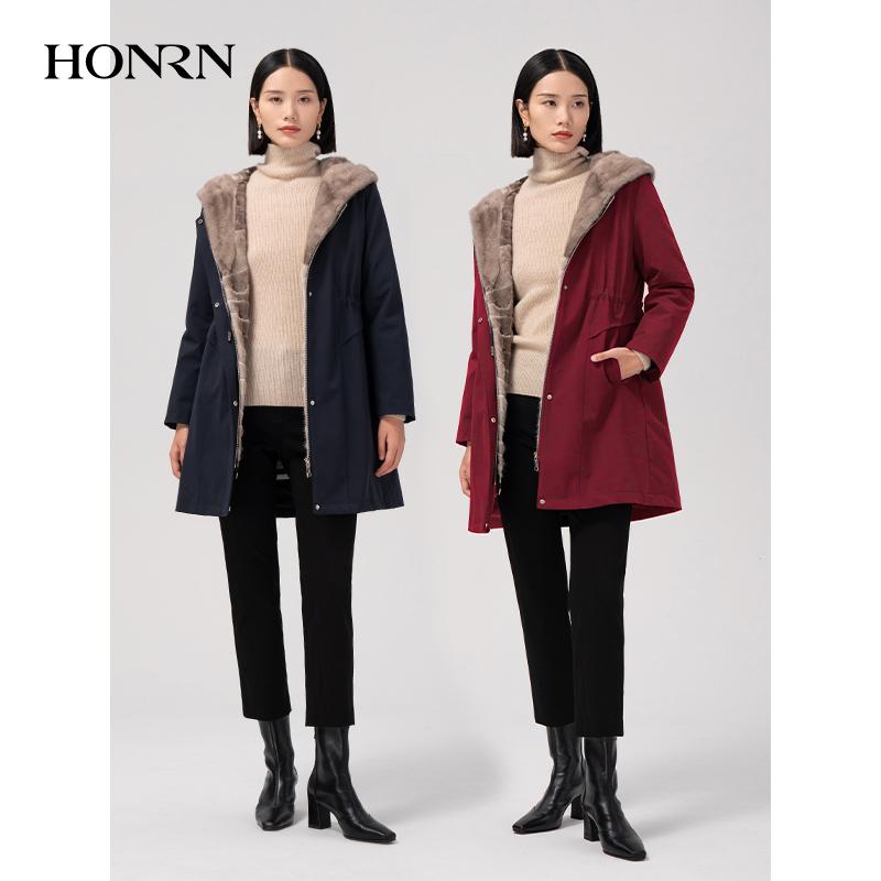 HONRN/红人中长款可拆卸水貂毛皮毛领派克服外套女冬季HJ59MN185