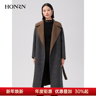 HONRN 斜纹羊毛呢子系带大衣外套女秋冬HI59OD086 红人灰色中长款
