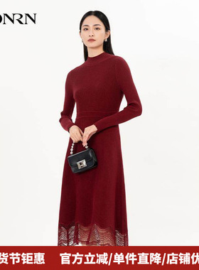 HONRN/红人减龄红色长袖修身收腰显瘦针织连衣裙秋冬款HG55OM657