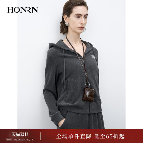 红人通勤德绒连帽拉链刺绣女外套