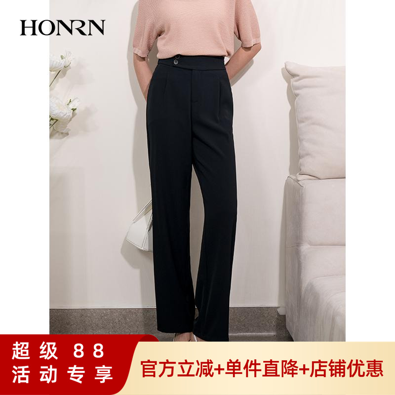 HONRN/红人黑色宽松阔腿直筒西装裤休闲裤女夏季长款裤HI22OK208