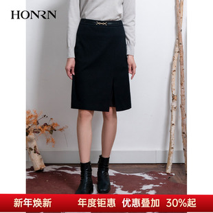 HONRN 黑色羊毛棉混纺毛呢直筒半身裙女秋冬HI55OQ567 红人修身