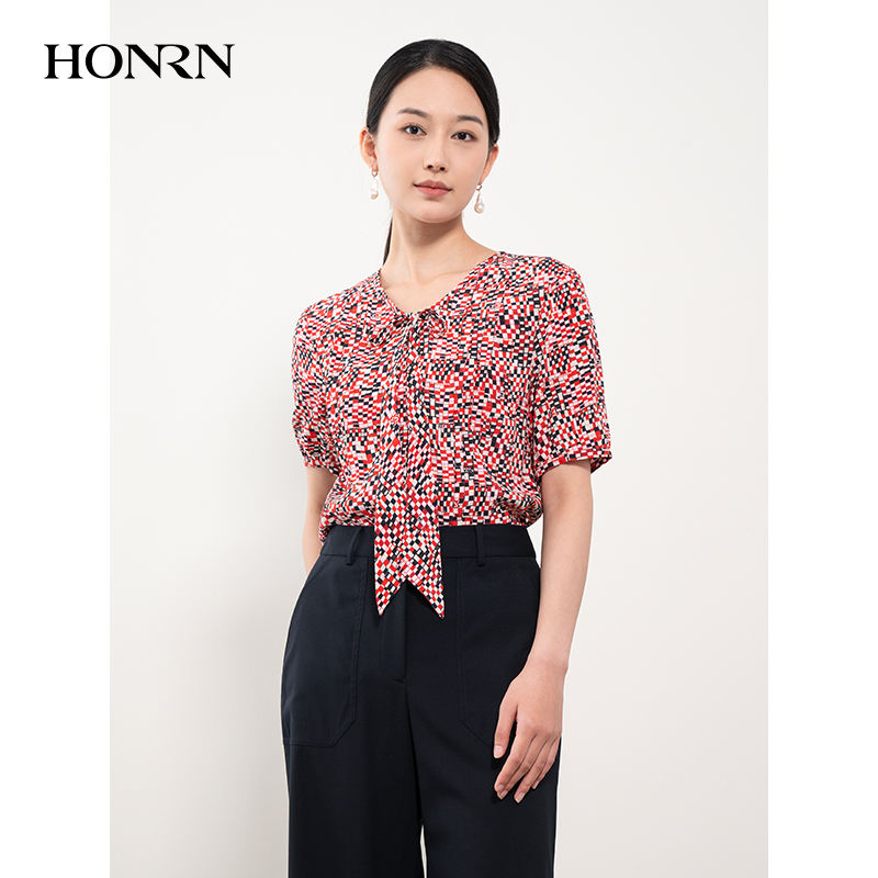 HONRN/红人休闲气质修身格子印花短袖衬衫上衣女款夏季HH22SY973