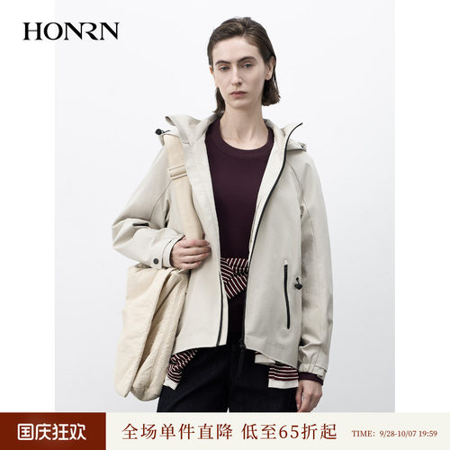 红人米灰连帽宽松短款棉风衣女秋