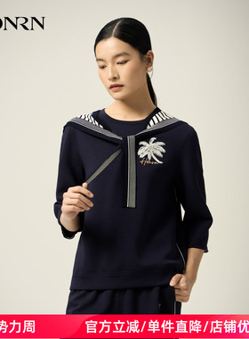 HONRN/红人休闲风七分袖蓝白条纹披肩上衣两件套女春秋HJ11SY223