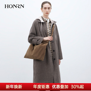 HONRN 高级感羊毛外套HK55OD476 红人老钱风千鸟格毛呢大衣中长款