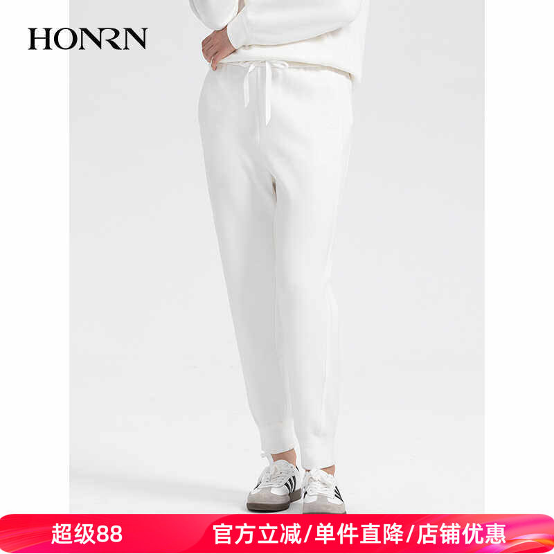 HONRN/红人白色裤子修身显瘦系带束脚运动休闲裤女春秋HH33OK515