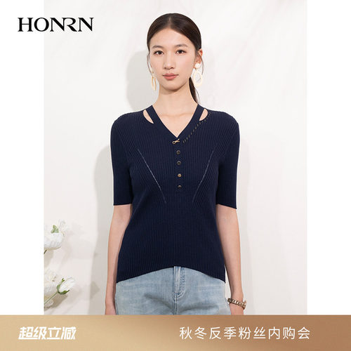HONRN/红人v领开叉薄款针织衫
