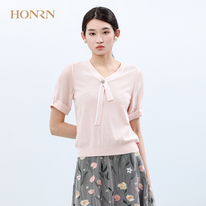 HONRN/红人休闲粉色v领带领结薄款短袖套头针织衫上衣t恤女夏季