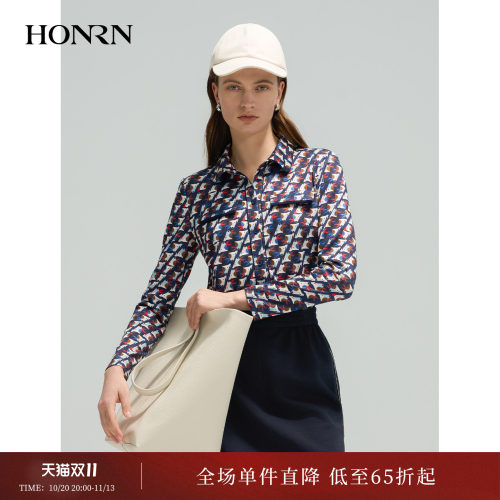 红人网布印花长袖减龄女衬衫