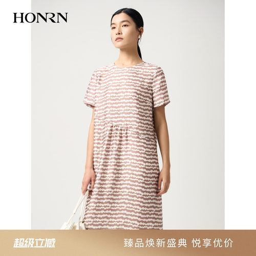 红人夏季优雅印花圆领短袖连衣裙