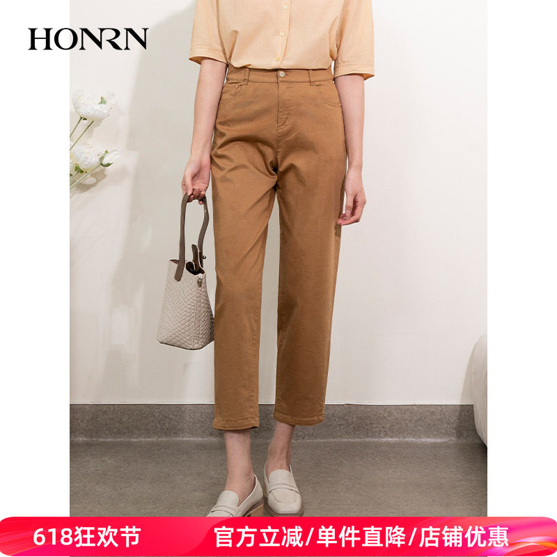HONRN/红人宽松款显瘦棉质刺绣裤子直筒休闲裤女夏薄款HI22OK207