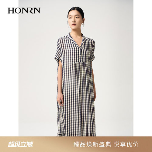 红人都市桑蚕丝V领格纹连衣裙