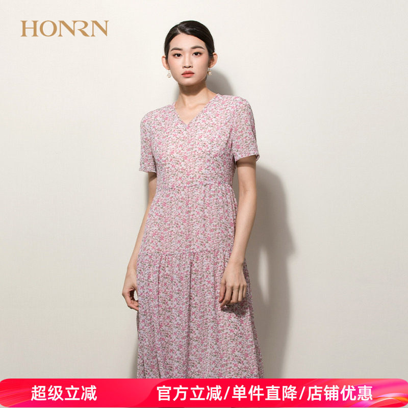 HONRN/红人休闲气质碎花印花v领短袖修身显瘦中长a字连衣裙女夏季
