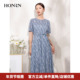 HONRN 红人圆领印花压褶系带收腰显瘦纯棉连衣裙女夏HI22OL450