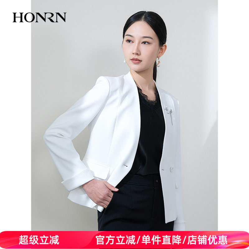 HONRN/红人休闲气质白色无领修身西服西装外套女春秋HH11OS607