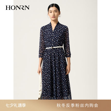 HONRN/红人V领波点连衣裙女春秋收腰显瘦气质A字中长裙 HJ11OL300