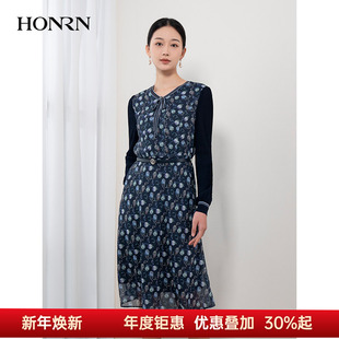 HONRN 拼接网面印花收腰显瘦a字连衣裙女春秋HH11OL070 红人针织袖