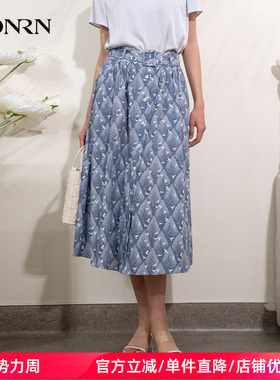 HONRN/红人蓝色印花腰带收腰显瘦a字长裙子半身裙女夏HI22OQ601
