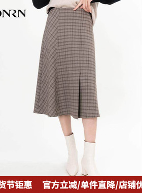 HONRN/红人时尚拼接格纹格子裙子a字半身裙长款女秋冬款HH55OQ261