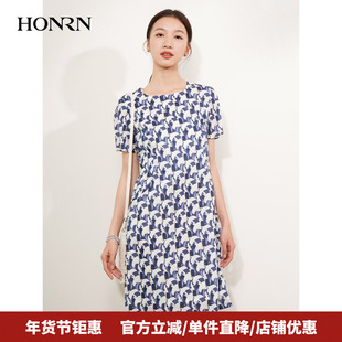 HONRN/红人优雅气质遮肉显瘦短袖纯棉裙子连衣裙女夏HI22OL618