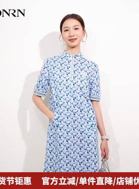 HONRN/红人优雅气质印花纯棉修身显瘦短袖a字连衣裙女夏HI22OL445