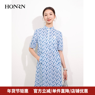 HONRN/红人优雅气质印花纯棉修身显瘦短袖a字连衣裙女夏HI22OL445