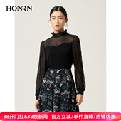 上衣女设计感打底衫 优雅风蕾丝拼接长袖 HJ11SY329 红人法式 HONRN