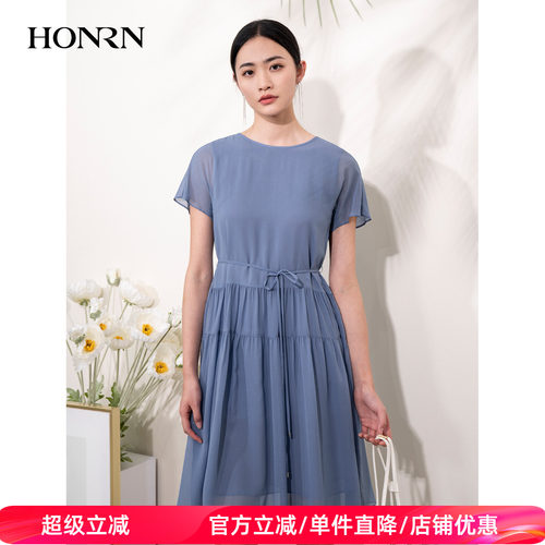 HONRN/红人桑蚕丝真丝系带连衣裙