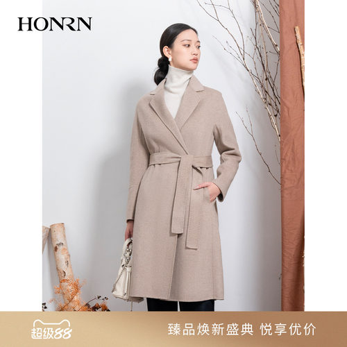 HONRN/红人系带桑蚕丝羊毛呢大衣