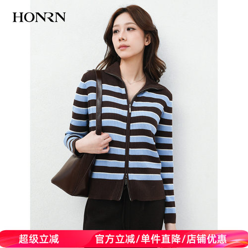 HONRN/红人拉链条纹撞色针织开衫