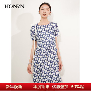 HONRN 纯棉裙子连衣裙女夏HI22OL618 红人优雅气质遮肉显瘦短袖