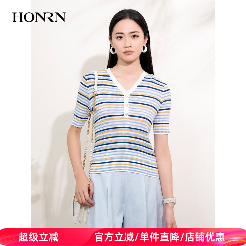 HONRN/红人薄款修身显瘦条纹短袖V领套头针织衫上衣女夏HI22OM111