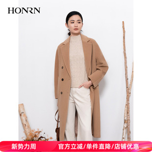 HONRN 山羊绒羊毛呢子大衣外套女秋冬HI55OD699 红人双排扣中长款