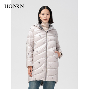 中长款 HONRN 红人轻薄连帽白鸭绒羽绒服外套女款 冬季 HG55YR229