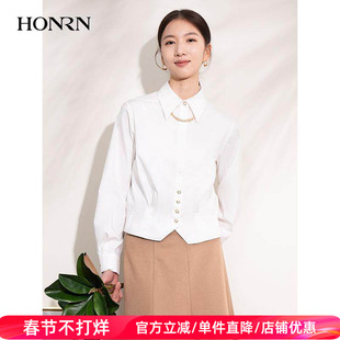 HONRN/红人休闲修身短款长袖设计感棉质白色衬衫女上衣HI11OC654