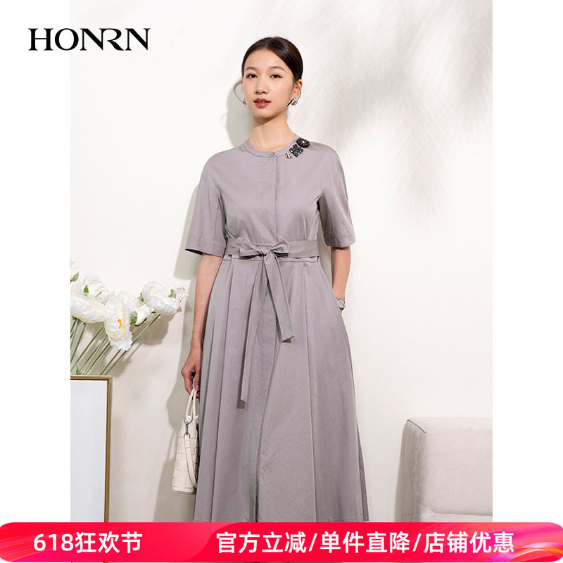 HONRN/红人气质短袖宽松收腰显瘦a字裙子连衣裙长裙女夏HI22OL182