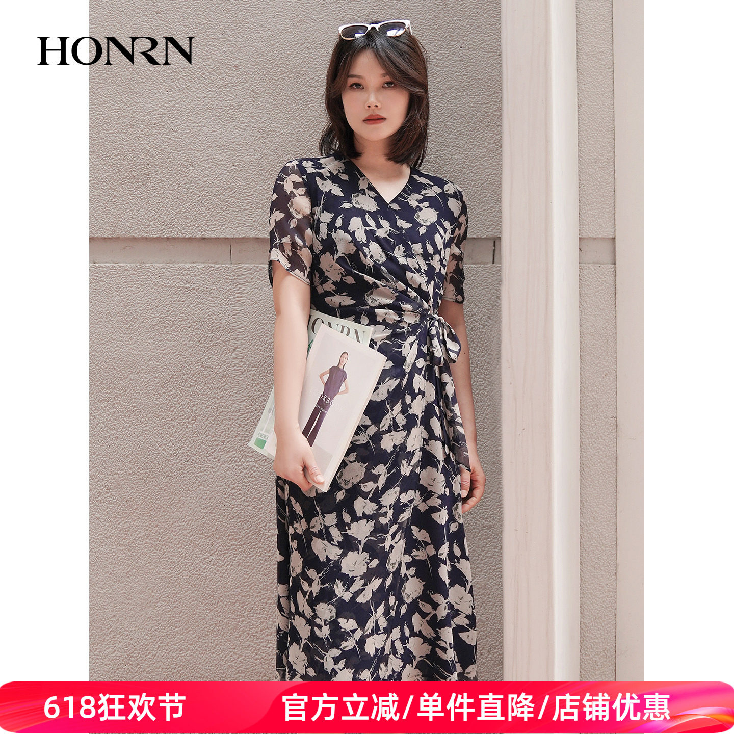 HONRN/红人时尚减龄薄款印花收腰显瘦短袖连衣裙女夏HK29OL027