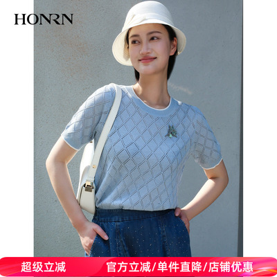 商场同款HONRN/红人圆领套头亲肤透气短袖女针织上衣夏HK22OM478