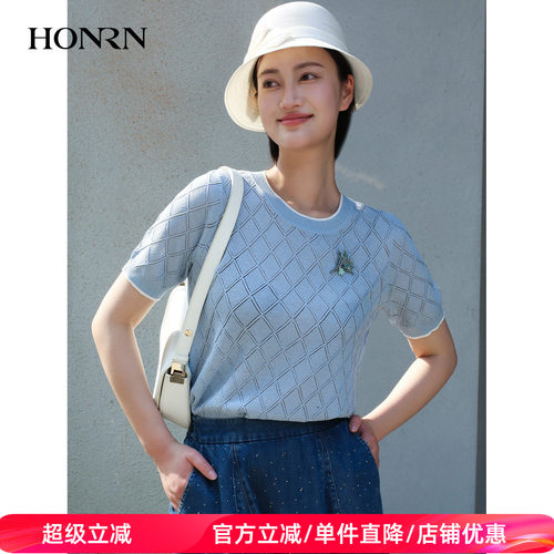 商场同款HONRN/红人圆领套头亲肤透气短袖女针织上衣夏HK22OM478