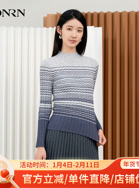 HONRN/红人半高领条纹长袖套头羊毛针织衫上衣女春秋HI33OM124
